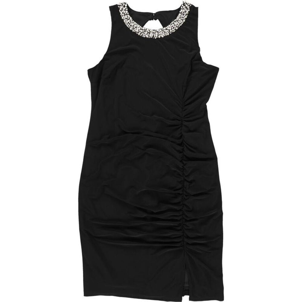 MSK Womens Pearl neck Midi Dress, Black, Petite, 16P, DM